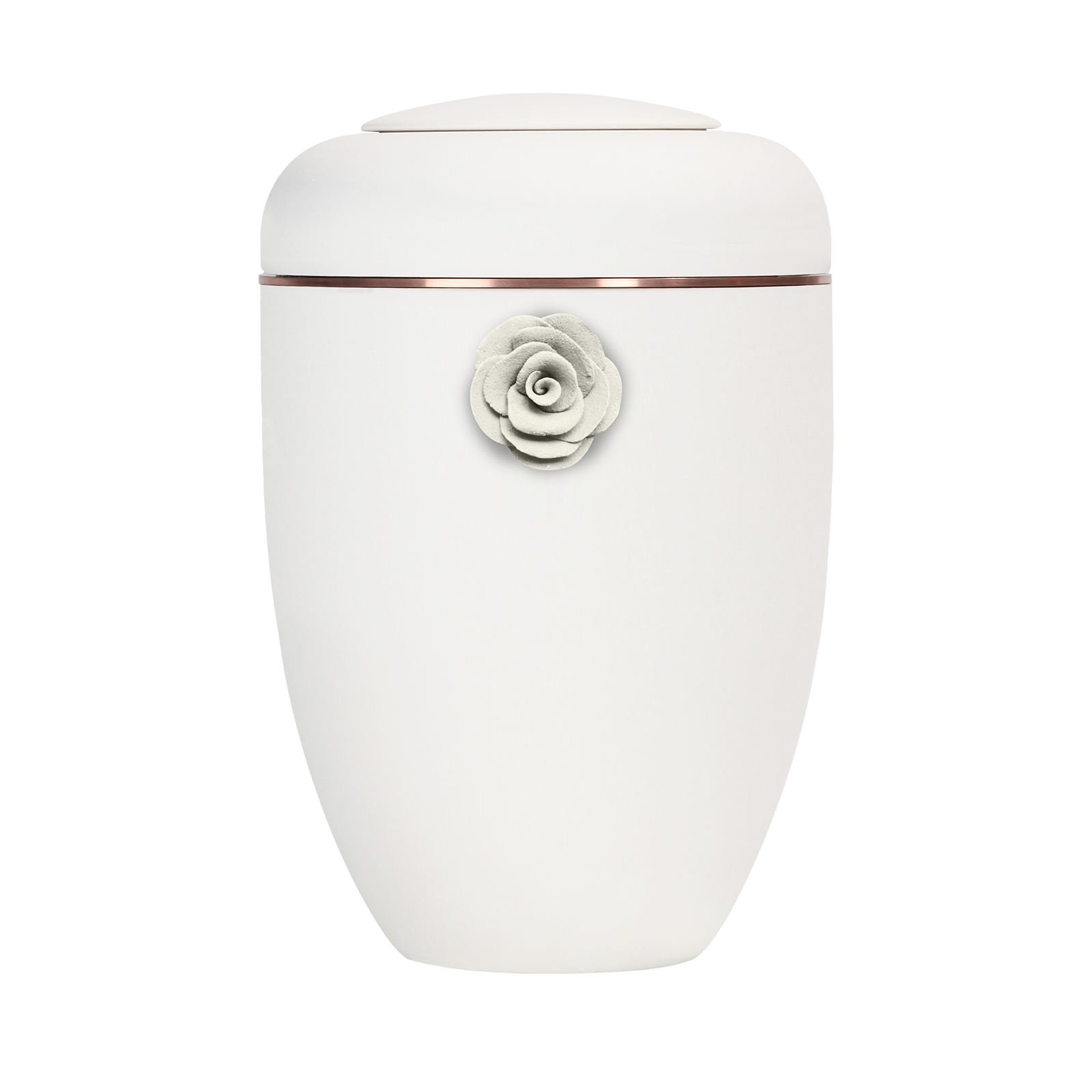 Cremeweiße Symbol-Urne mit weißer Tonrose und Kupferscheibe